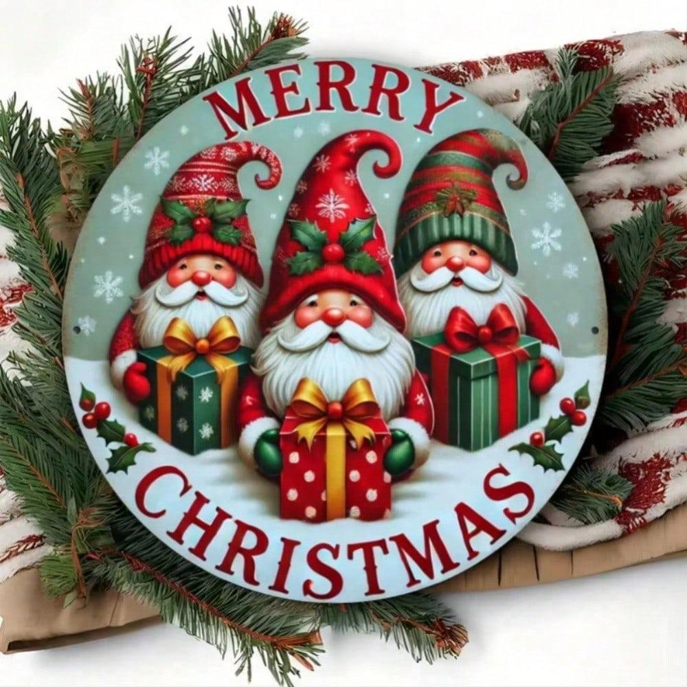 3D Christmas Gnomes Round Metal Wall Sign, Rustproof Waterproof Home Decor Art for Living Room Bedroom Kitchen Bathroom