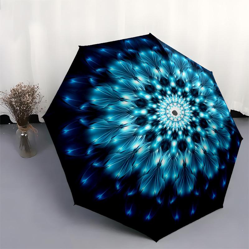 1pc Blue Flower Mandala Automatic Opening Folding Umbrella with 8-Bone Iron Frame - Portable Outdoor for Fans, Travelers, Daily Use, Festive Gift.J028