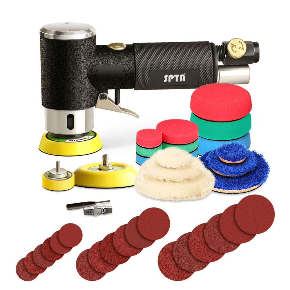 SPTA Air Angle Mini Pneumatic Hand Sanding Tool with and Grinding Random Orbital Air Sander with 9 Polishing 6 Wool and 18 Sanding Discs Sander,
