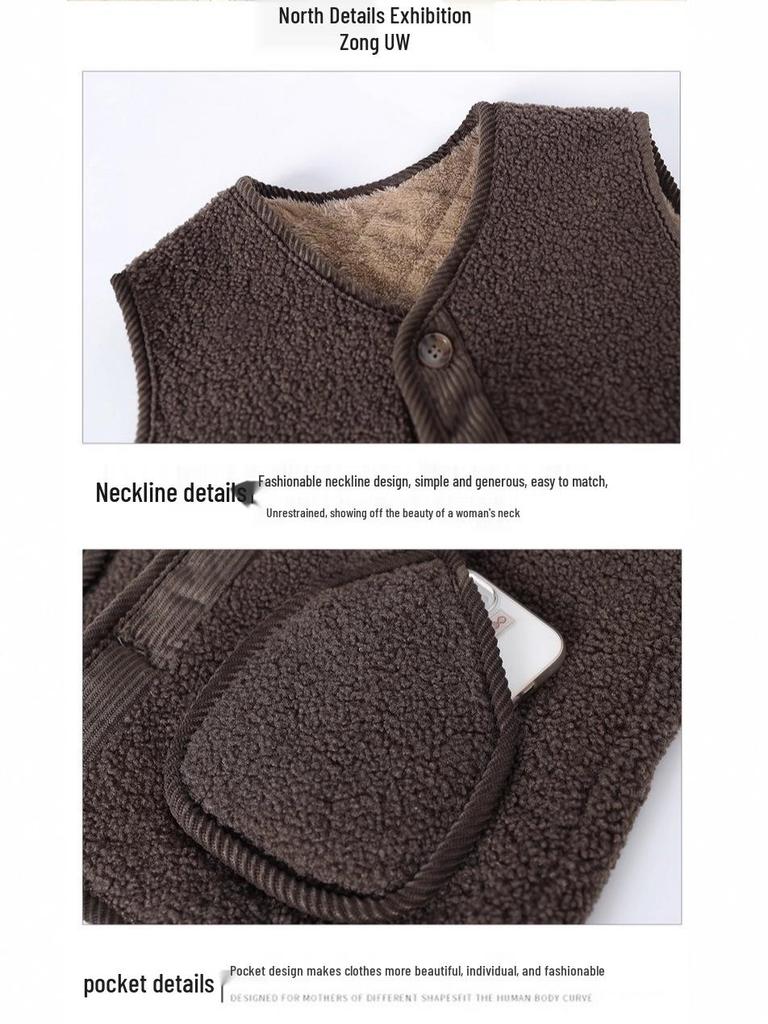 Women's Granular Fleece Vest for Middle-Aged & Elderly - Coffee Color, Sleeveless, Plus Velvet for Spring, Autumn, and Winter