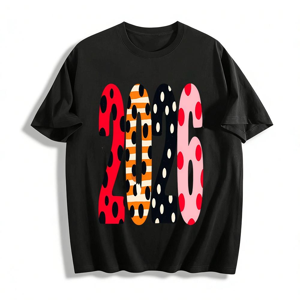 2026 Polka Dot Stripe Number Print Casual Unisex Top Pure cotton T-shirt XXS