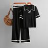 Summer Suit Polo Collar Short Sleeved Fashionable Casual Loose High Waisted Knitted Two-piece Set