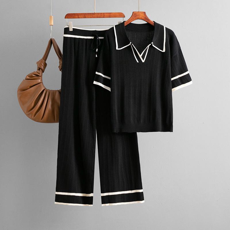 Summer Suit Polo Collar Short Sleeved Fashionable Casual Loose High Waisted Knitted Two-piece Set
