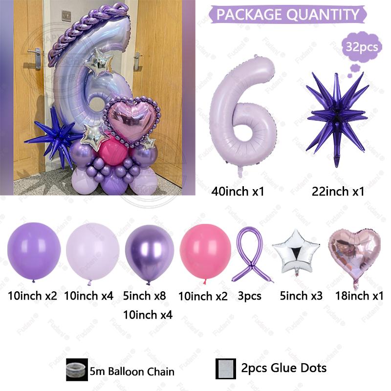 32pcs Purple Explosion Star Love Balloon 40 Inch Number 1-9 Birthday Balloon Set Children's Birthday Party Photography Props