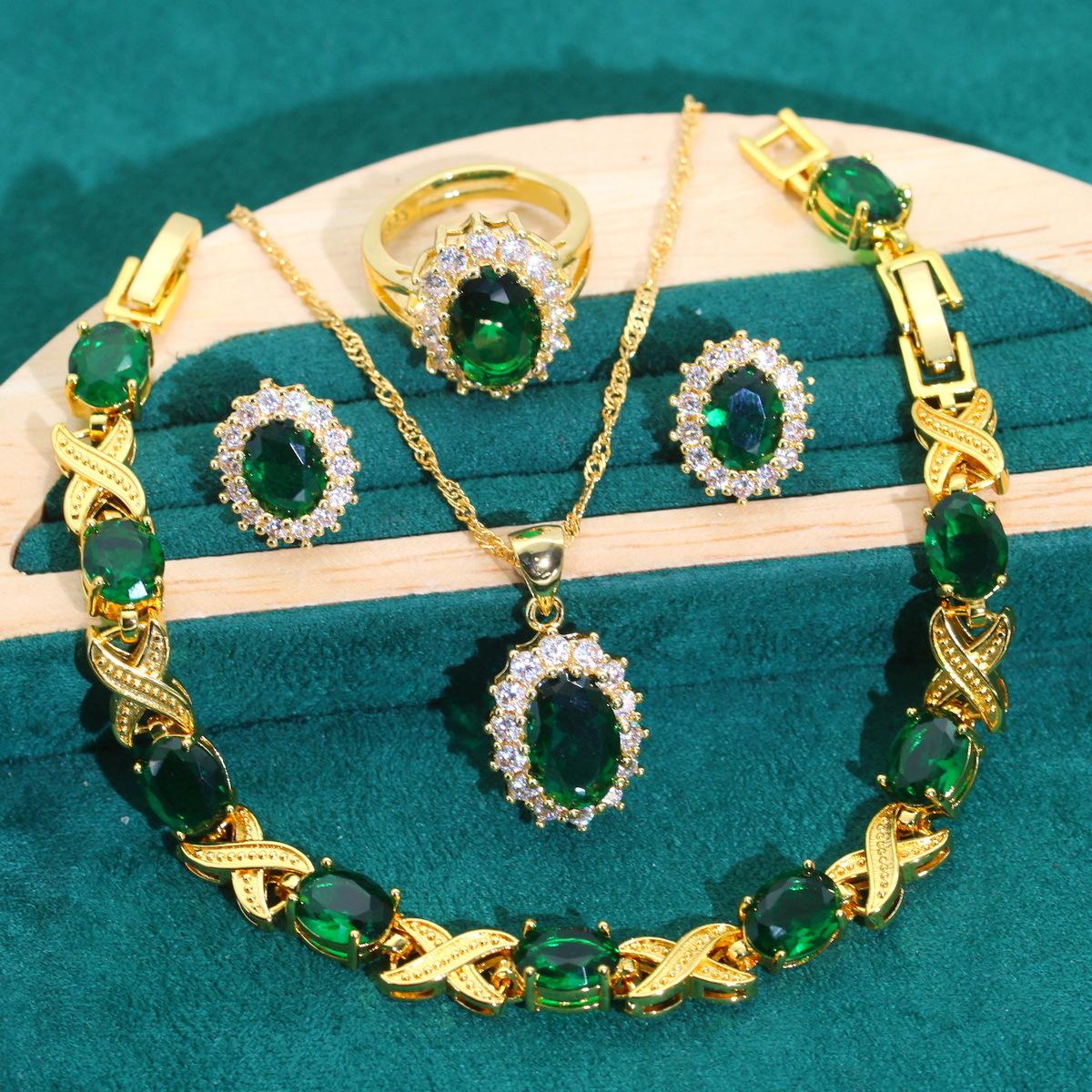 

Европейская и североамериканская мода Классическое ожерелье из циркония Серьги Браслет Кольцо Комплект Изумруд Комплект Цепь Свадебное платье 8 yards