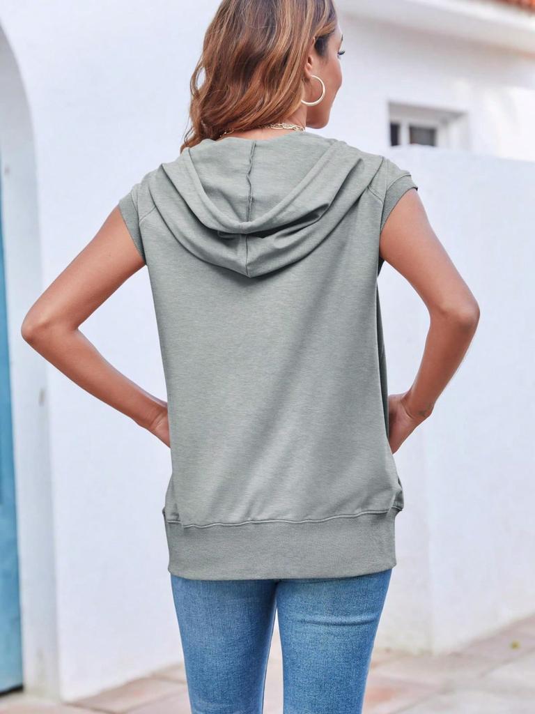 Damen ärmellose Reißverschluss Hoodie Weste locker Kordelzug leichte Jacke mit Taschen