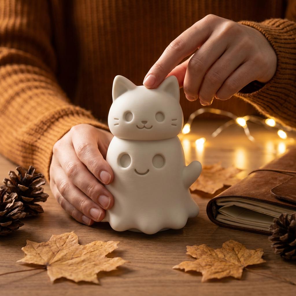 Halloween Ghost Figurine with Cat Sitting On Top Festive Decoration Resin Material Indoor Display Accent for Seasonal Home Decor