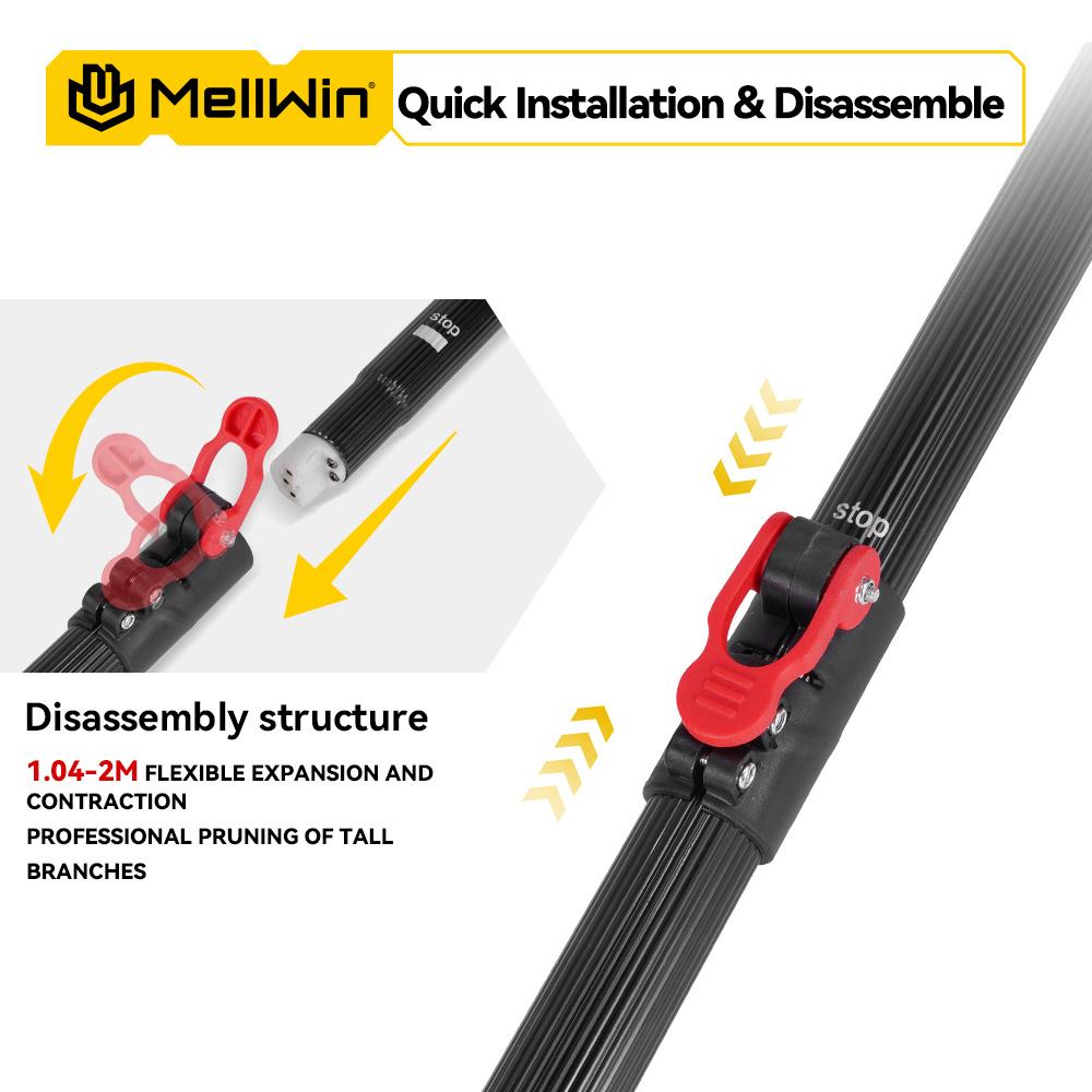 MELLWIN Perche télescopique 200cm Électrique sans balais Tronçonneuse 6 pouces Cisailles pour hautes branches Outil de jardinage pour batterie 18V 21V