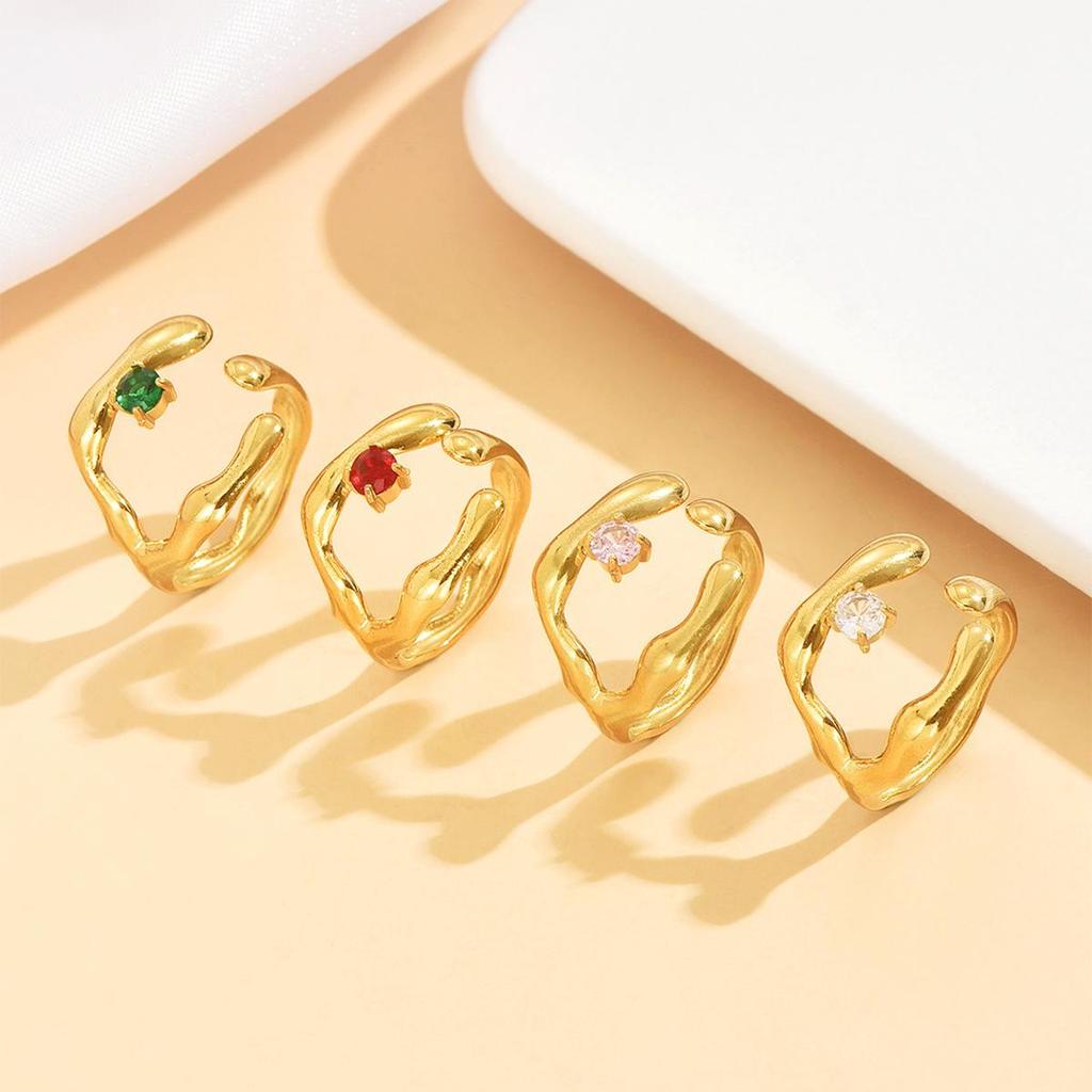 Women's European Retro Baroque Three-Prong Open Ring with Colorful Diamond Inlay, Stainless Steel, Unique Shape