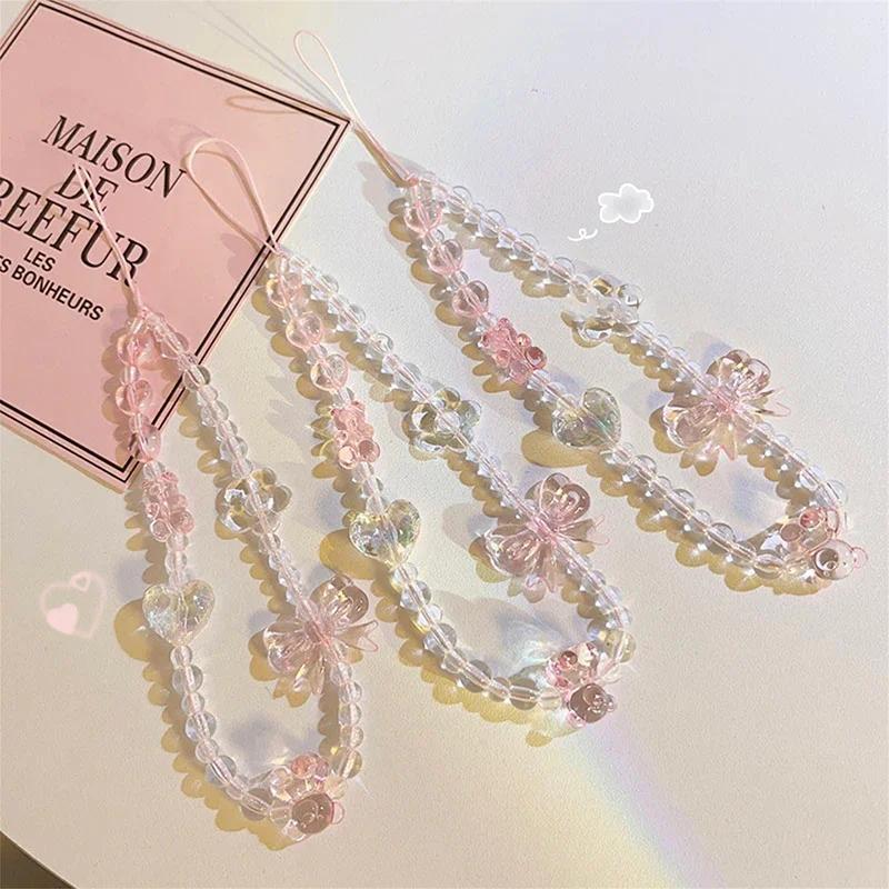 Süßer Rosa Bär Schmetterling Blume Handy-Lanyard Kette Knoten Handy-Lanyard Schlüsselanhänger Frau Mädchen Tasche Kamera Anhänger Für Hülle