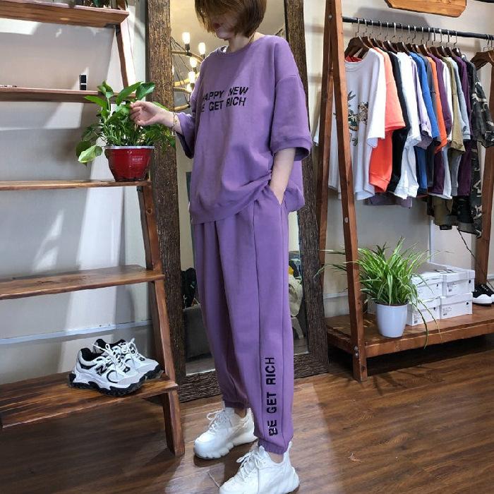 Women's Loose Fit Two-Piece Tracksuit Five Quarter Sleeve Top Elastic Waist Jogger Pants Letter Print Casual Summer Matching Sport Set