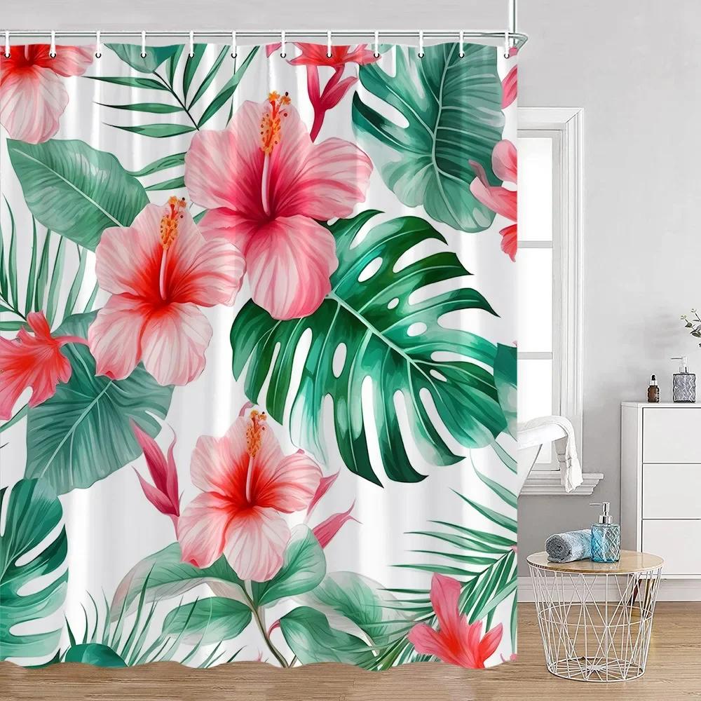 Tropical Leaves Shower Curtain Green Leaf Palm Flower Flower Bathroom Curtain Green Plant Bathroom Decoration with Hook