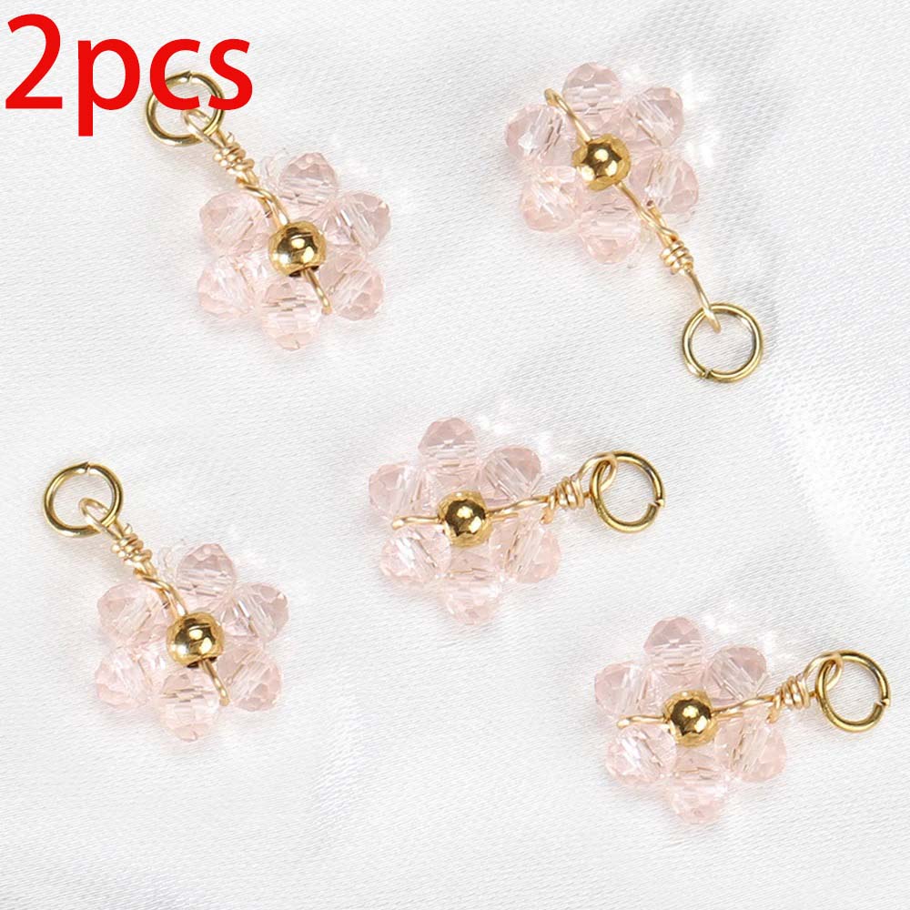 2pcs Gentle Pink Crystal Zircon Bead Stainless Steel Charms Rose Flower Heart Necklace Pendant Women DIY Earring Jewelry Making