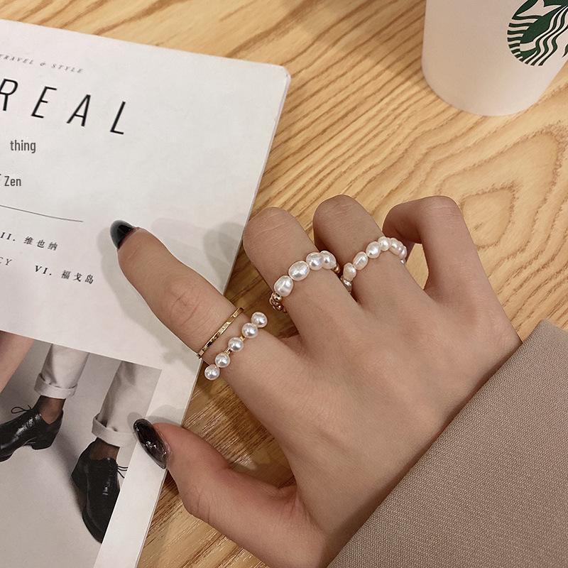 Dongdaemun Irregular Pearl Circle Three-Piece Ring Set for Women