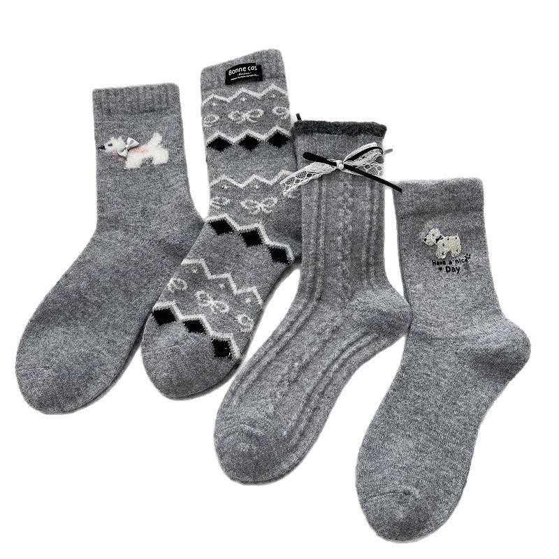 Female Cartoon Puppy Socks with Bow, Grey Mid-calf Socks, Versatile for Winter, Thick Woolen Warm Stockings