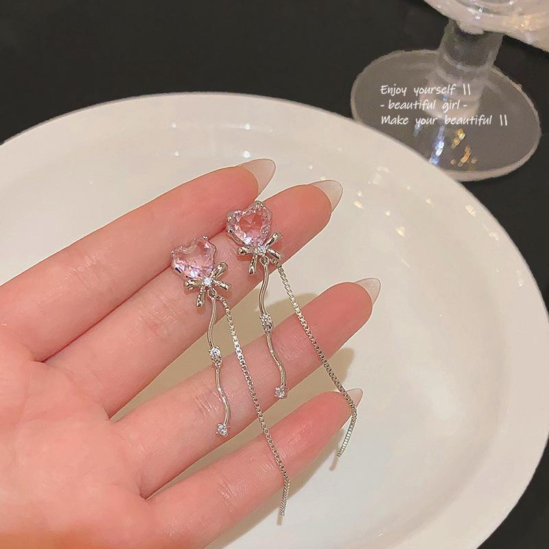 Sweet Pink Zircon Heart Earrings with S925 Silver Needle and Long Tassel Bow Design