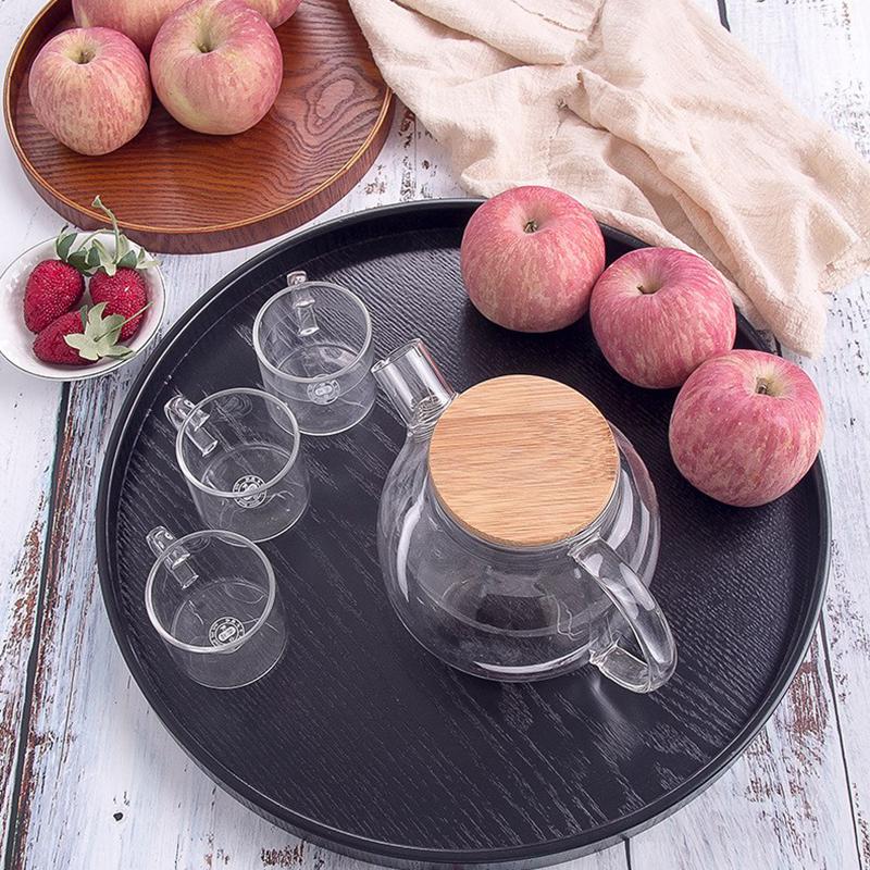 Round Wooden Pallet, Multifunctional Storage Plate, Tea Tray,Food, Bread Pan, Household Kitchen Supplies, Black, Brown, 21-37cm