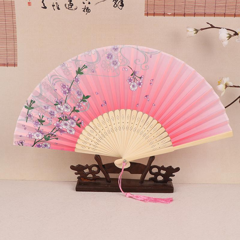 Vintage Printed Silk Folding Hand Fan Tassel Chinese Bamboo Fans Women Dance Performance Props Home Decoration Ornaments