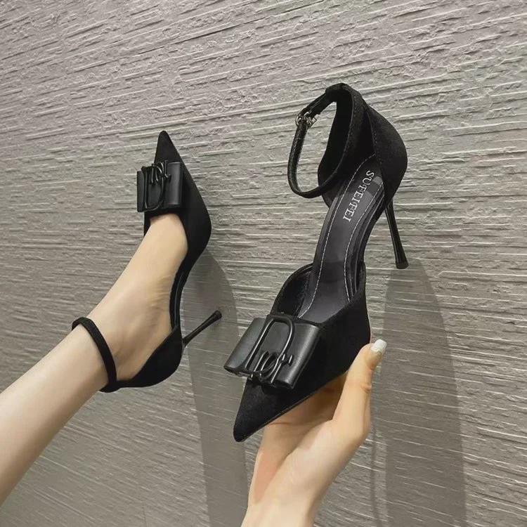 "Summer 2024 Women's Black Pointed Toe Stiletto Heels with Single Strap - Comfortable and Stylish"