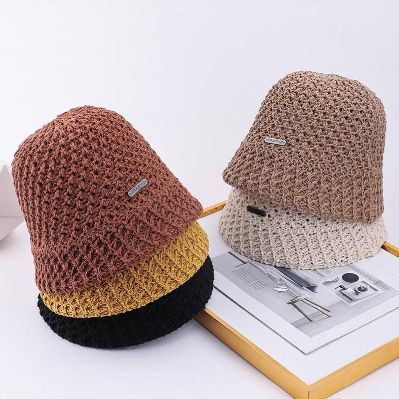 New Summer Handmade Hollow Knitted Crochet Floppy Hats Collapsible Dome Bucket Hat Solid Color Beach Caps Simple Soft Women Hat