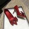 Mode Rot Süße Bowtie Stil Pumps Frauen Slip-On Kristall High Heels Schuhe Frau Flock Spitz Elegante Brautschuhe Frauen Sandalen