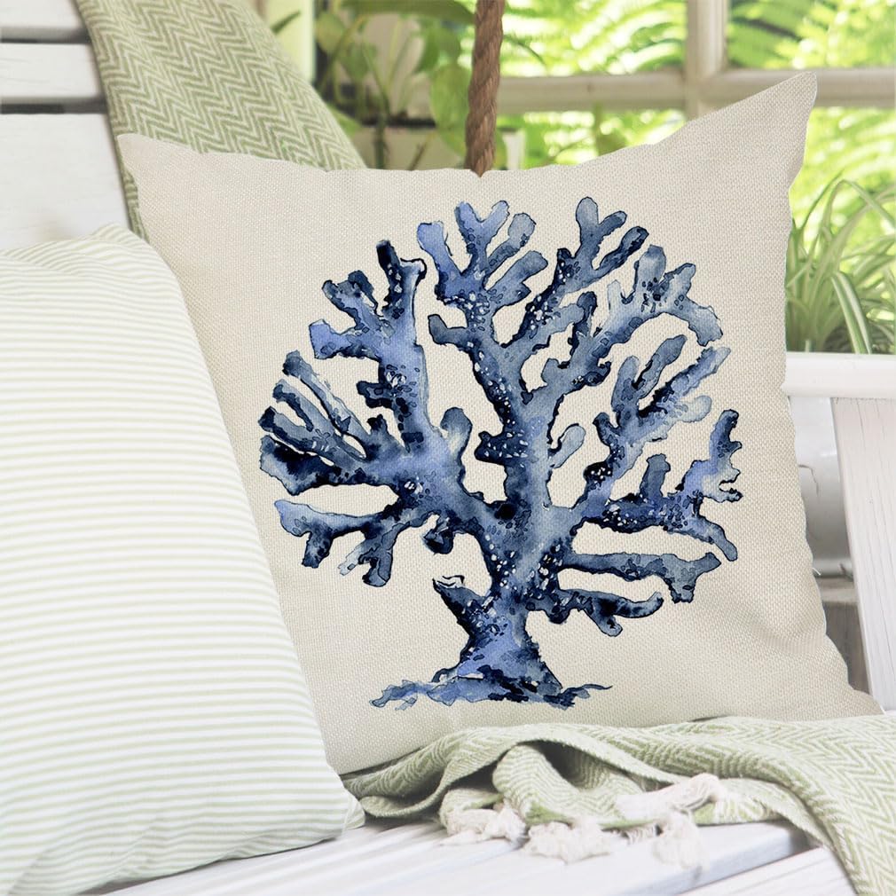 PANDICORN Sea Life Coastal Throw Pillow Covers 18x18 Inch Starfish Turtle Crab Coral Indigo Blue Summer Beach Ocean Nautical Outdoor Decorations