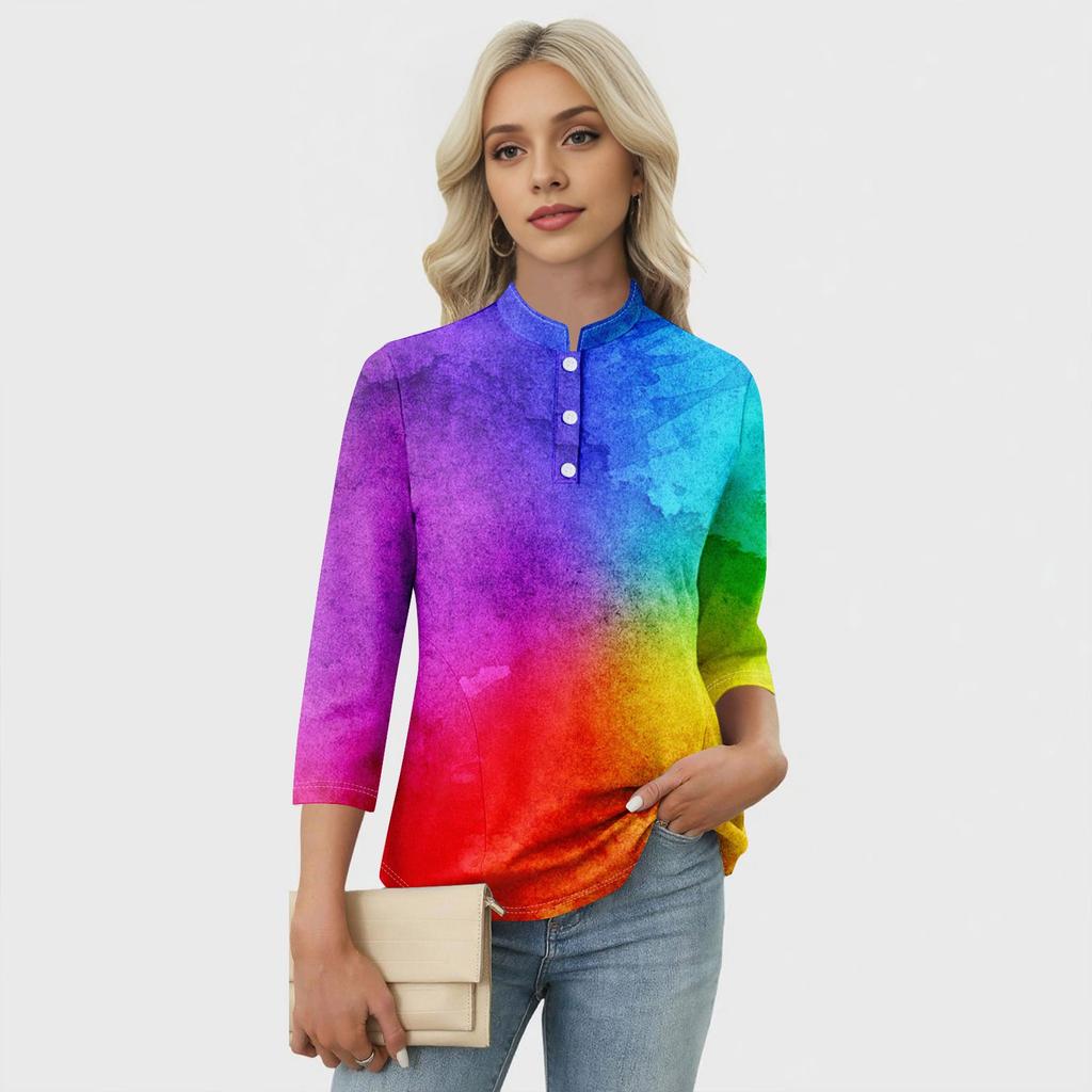 Haut T-shirt Décontracté pour Femme à Imprimé Floral, Col en V, Manches 3/4, Bouton Décoratif