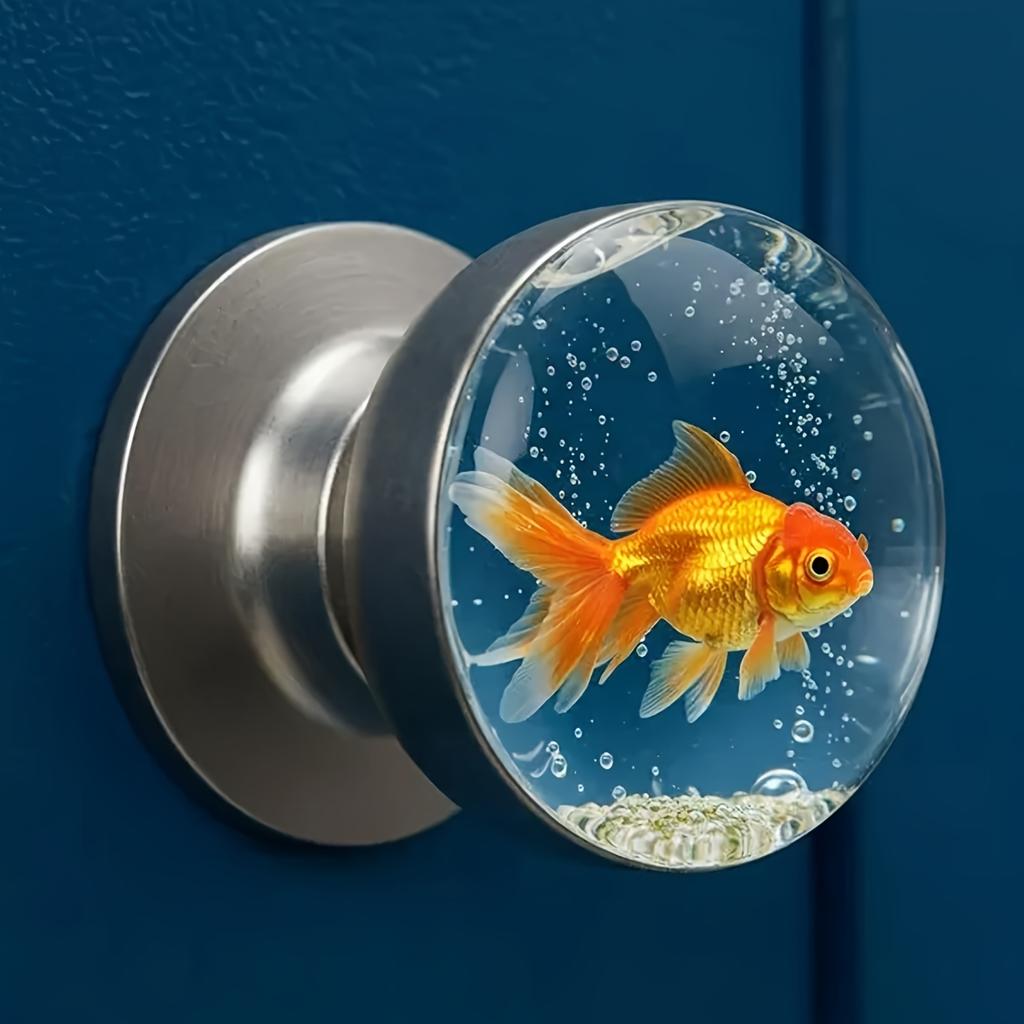 Retro Round Resin Door Handle - Realistic Fish and Floral Design, Crystal Transparent Spherical Door Handle, Artistic Natural Style Decoration
