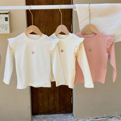 Spring and Autumn Girls'  Cotton Base Shirt Love Embroidered Long Sleeve T-Shirt Clothes