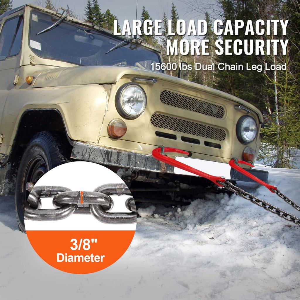 SucceBuy G80 V Bridle Chain Towing Chain Bridle with 15" J Hooks & Grab Hooks Transport Tow Chains for Flatbed Trailer Wrecker