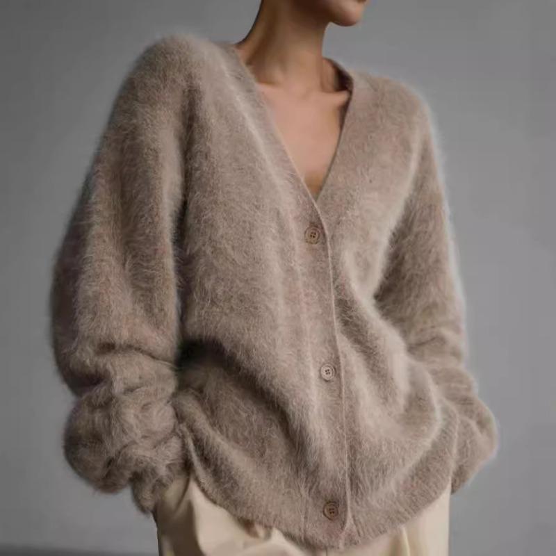 Autumn and Winter Imitation Mink Knitted Sweater Cardigan Lazy Loose Long-sleeved V-neck Sweater Jacket Women