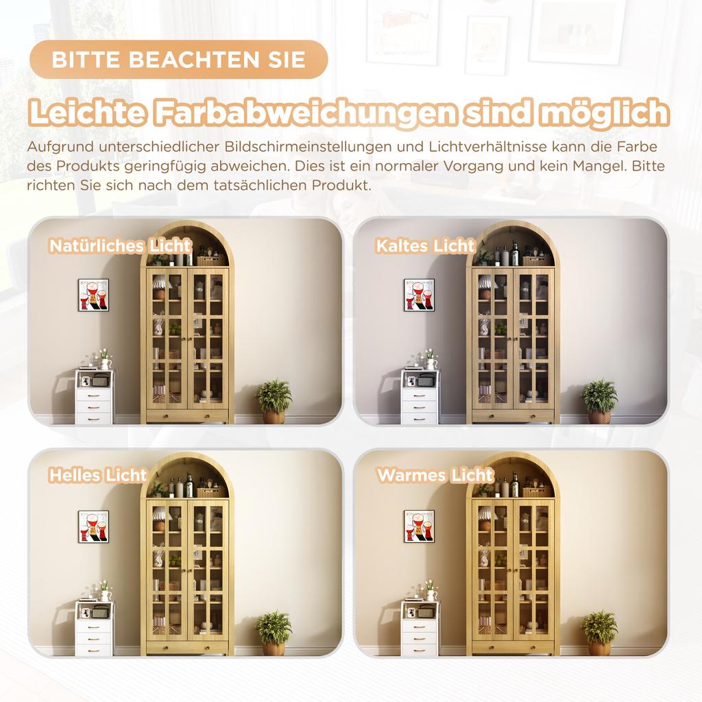 Moderner hoher Schrank in Bogenform mit Einlegeböden und Schublade - Vitrine mit höhenverstellbaren Regalen für Wohnzimmer, Arbeitszimmer, Esszimmer