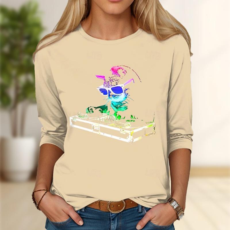 

Топы для женщин, футболка с круглым вырезом и длинным рукавом с принтом кота диджея, повседневный тонкий женский топ с длинным рукавом 8XL бежевый