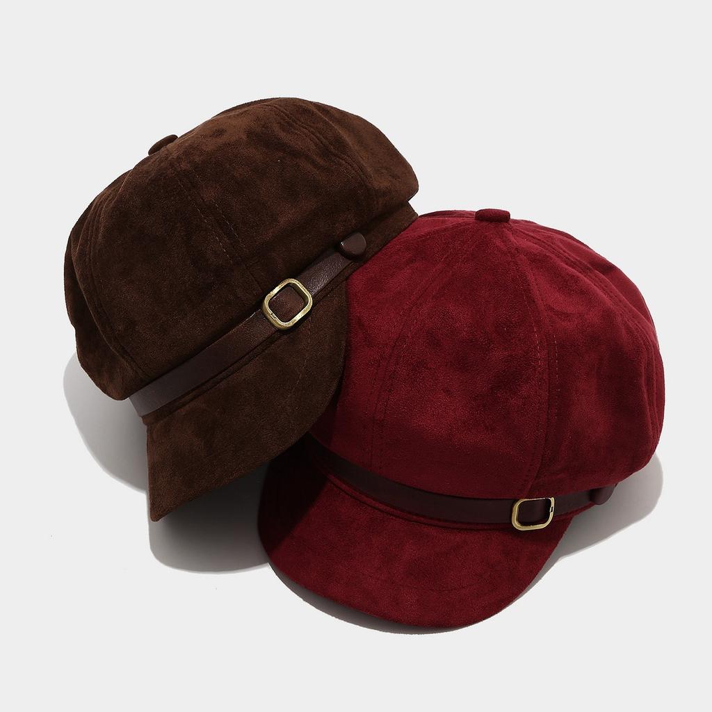 Retro simple suede metal buckle octagonal hat female autumn and winter temperament beret showing face small painter newsboy hat
