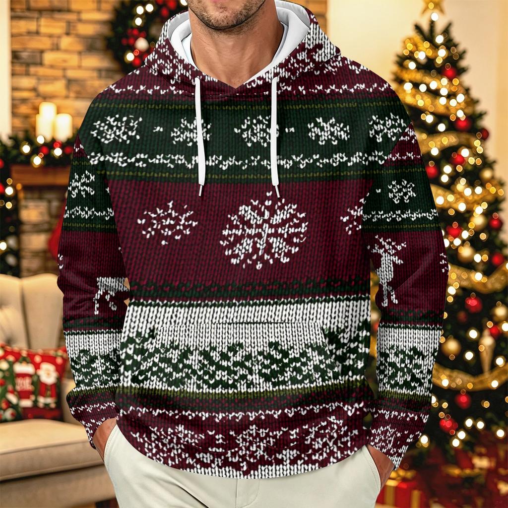 Men's Long Sleeve Hooded Sweatshirt with Christmas Print for Casual Holiday Wear