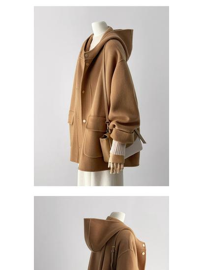 Women's 2025 Autumn Camel Hooded Double-Sided Wool Coat - New Korean Style High-End Overcoat