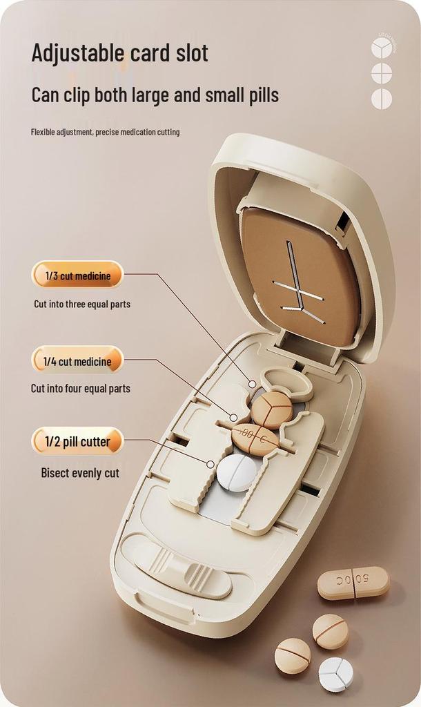 Multi-functional Pill Cutter & Divider with Storage – Portable 2, 3, & 4-Way Pill Dispenser Box Gadget