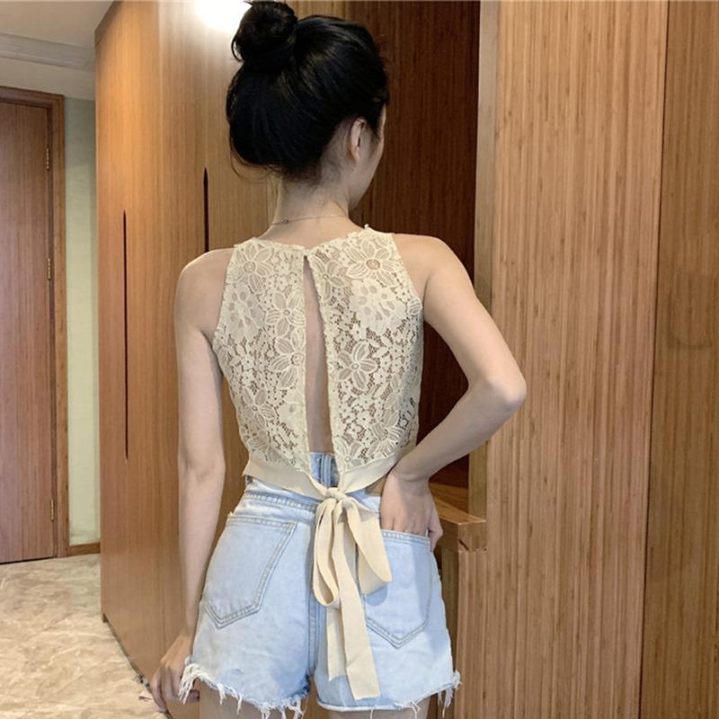 Women's Top Sleeveless O Neck Solid Casual Lace Up Backless Lace Stitching T-Shirt