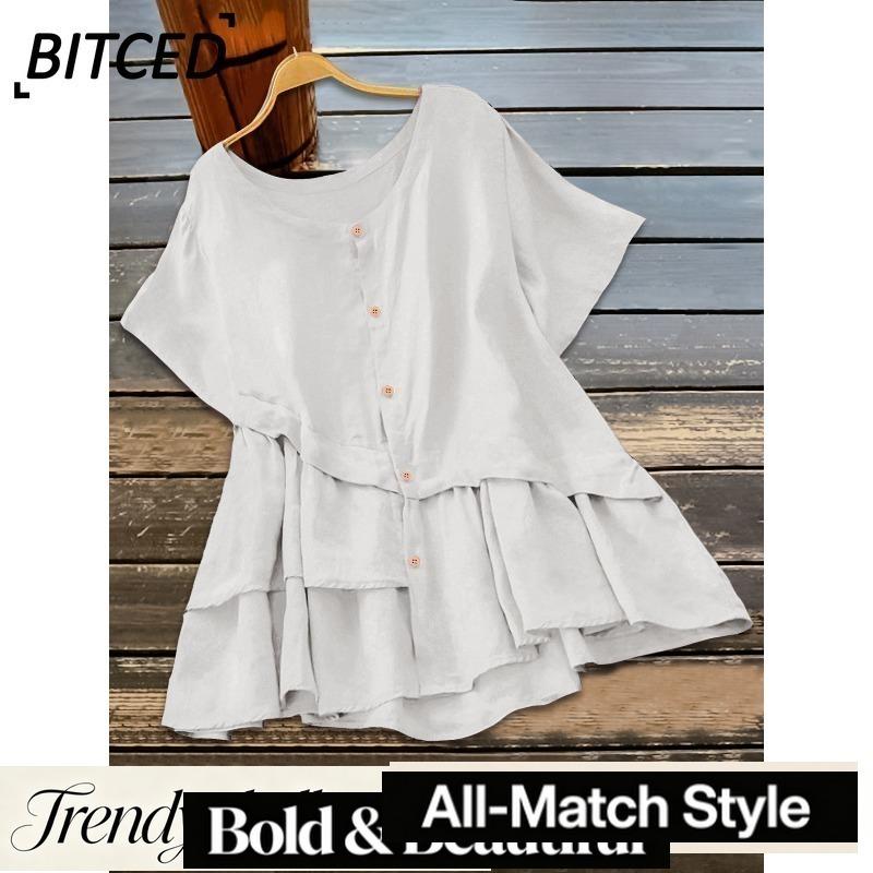 BITCED Women's Fashion Casual Solid Color Print Short Sleeve O-Neck Blouses & Shirts