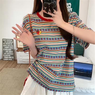 Fashion Colorful Stripe Flowers Casual Loose T Shirt 2025 Summer Preppy Style Short Sleeve Simple T-shirts for Women Harajuku Kawaii Student Tshirt