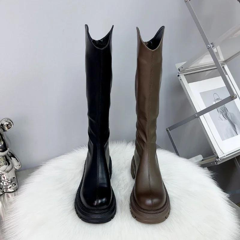Damenstiefel Kniehohe Stiefel für Damen Mittelhohe Absätze Motorrad Goth Schuhe Trend Modedesigner Damen
