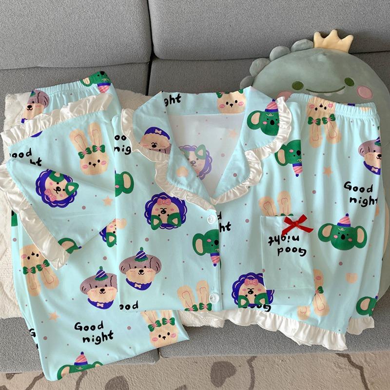 Sweet Imitation Cotton Pajamas Women's Summer New Short-sleeved Cardigan Animal Party Loungewear Three-piece Set