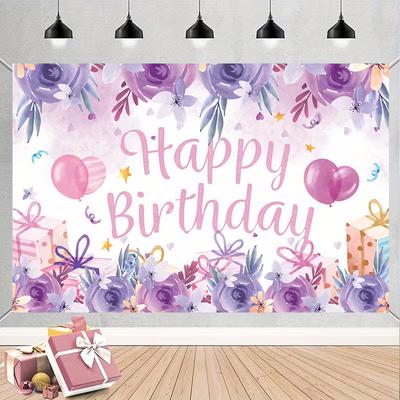 2D Watercolor Floral Happy Birthday Backdrop Purple Rose Pink Balloon Background
