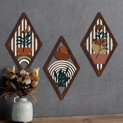 3 Pcs Boho Minimalist Wall Art Geometric Plants Hollow Out Wall Hanging Decor Farmhouse Abstract Bohemian Wood Poster for Living Room Bedroom Entrance