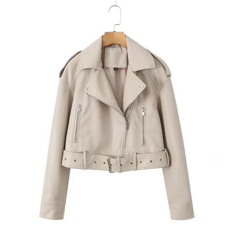 Women's Washed Leather Jacket with Belt, Short Coat with Downgraded Zipper and Vintage Lapel Jacket