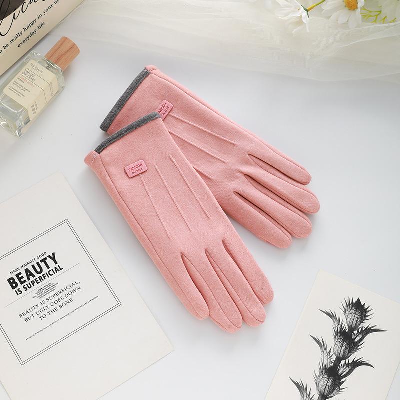 Cycling Gloves, Warm Gloves, Women's Velvet Gloves, Outdoor Cycling Electric Bike Windproof Touch Screen Three-line Small Label Gloves