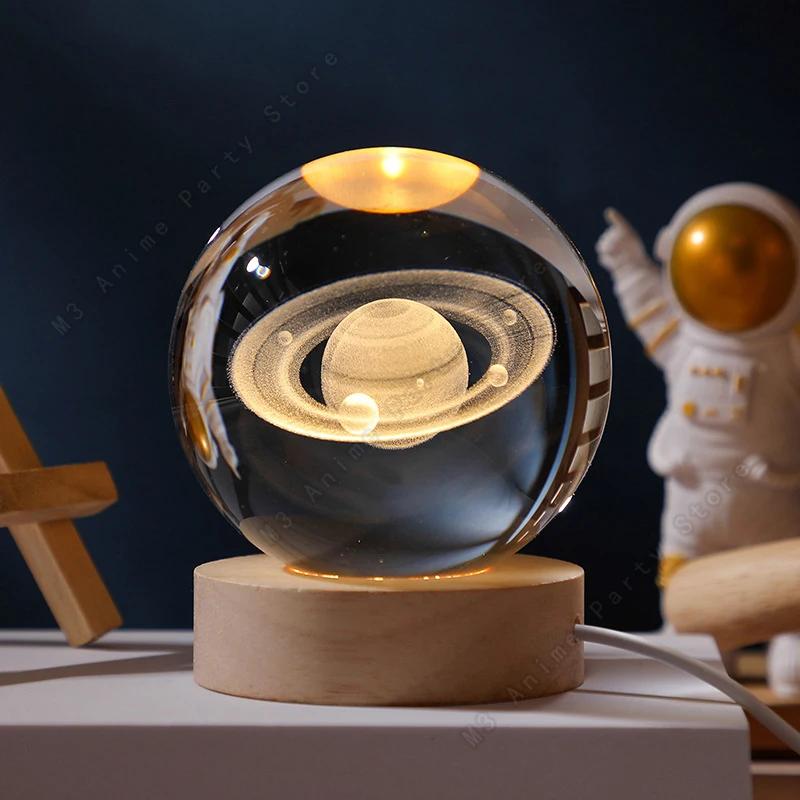 Lumină de noapte unică cu bilă de cristal 3D Lampă LED de noptieră Lampă galaxie strălucitoare Planetele Saturn Luna Cadou de ziua de naștere pentru copii Jucărie 6cm