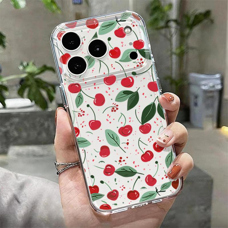 Red Cherry Pattern Clear TPU Phone Case For iPhone 17 16 Pro 15 14 13 12 Pro Max 11 Shockproof Transparent Soft Silicone Cover