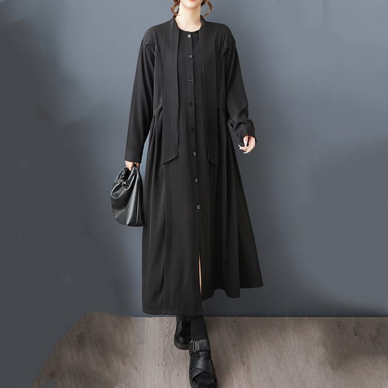 Langermet svart vintage ny i kjoler for kvinner avslappet løs vår høst skjortekjole