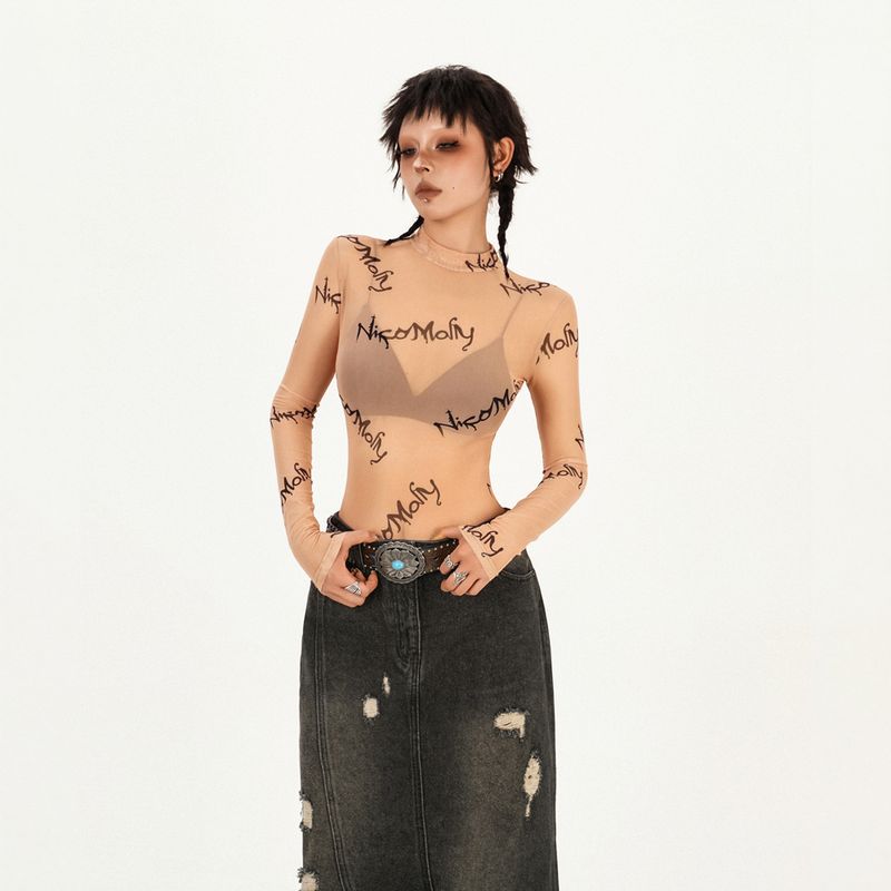 

Milk Cool Murray Original Fan Welfare Fashion Sexy Sexy Sheer Mesh T-shirt Silm Letter Jacket Tide Skin color M